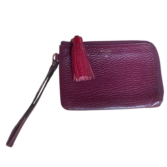 Vintage Y2K FOSSIL Burgundy Zip Wristlet Mini Bag Purse Pebbled Leather Wallet - Picture 1 of 4